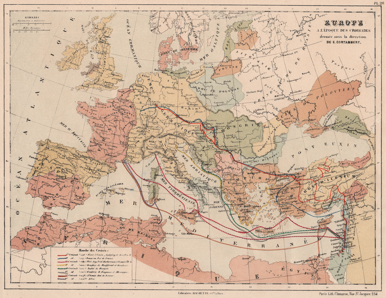 CRUSADES 1096-1270. Showing the 1st-8th Crusades. Europe to Holy Land 1880 map